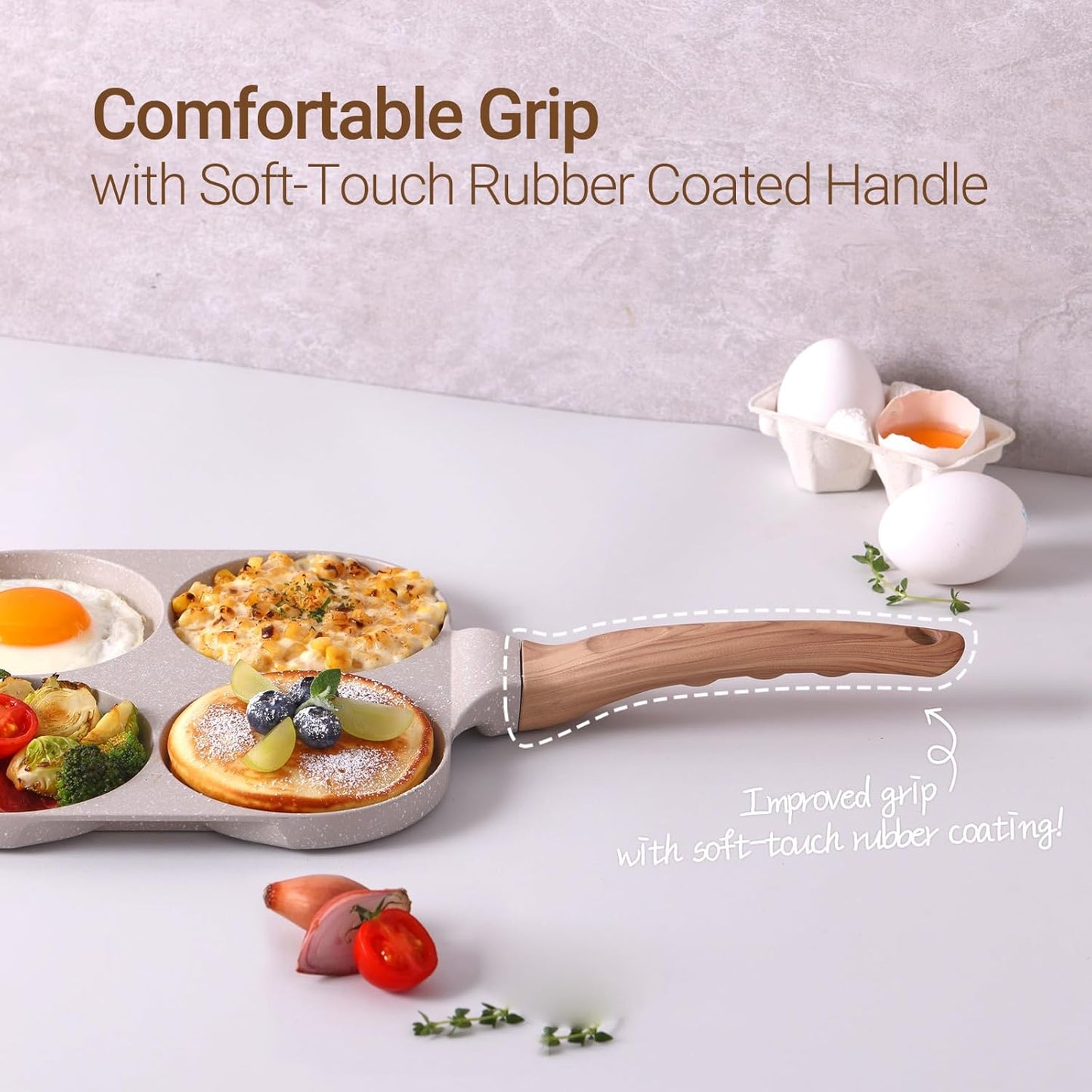 4-Section Nonstick Breakfast Pan – Granite Coated Frying Pan for Eggs, Pancakes, Muffins – Induction Compatible, Wood-Style Handle