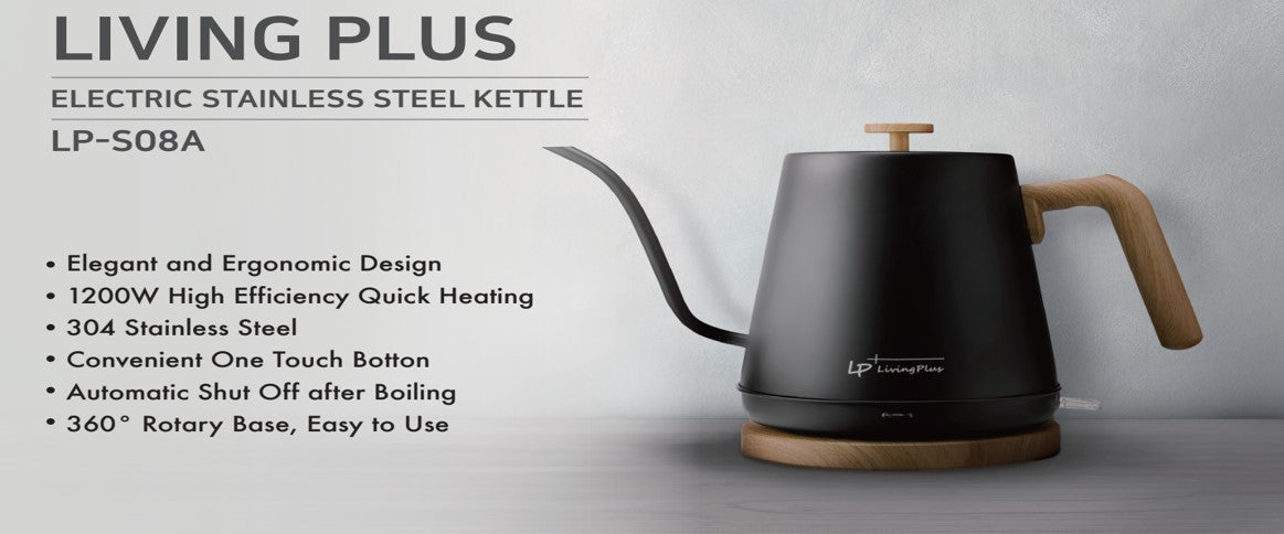 LP Living Plus Electric Gooseneck S/S Kettle, 1200W Quick Heating,One touch, 0.8L, White