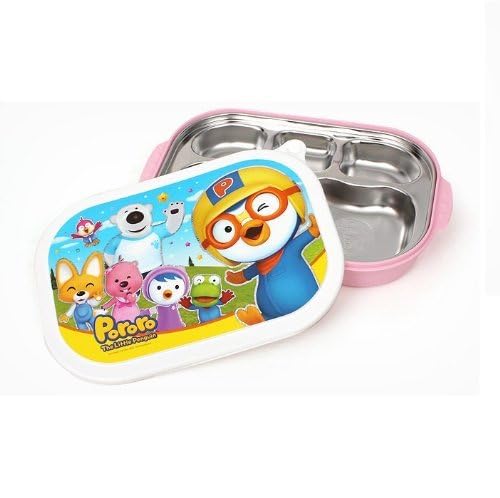 Pororo, Portable Stainless Steel Divided Food Tray, Platter with Lid in Pink, Made in Korea