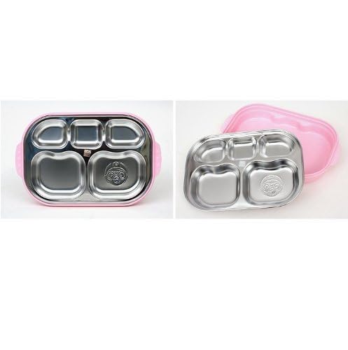 Pororo, Portable Stainless Steel Divided Food Tray, Platter with Lid in Pink, Made in Korea