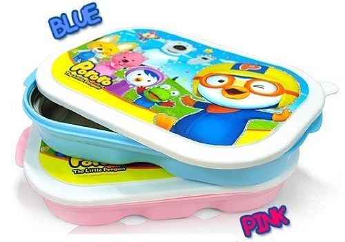 Pororo, Portable Stainless Steel Divided Food Tray, Platter with Lid in Pink, Made in Korea