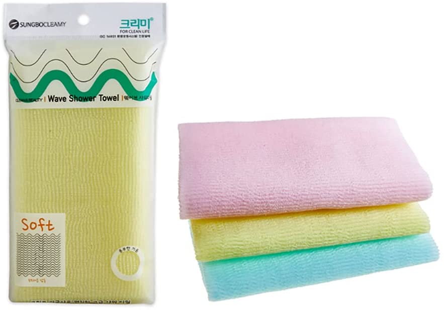 Korean Exfoliating Wave Shower Towel Washcloth Loofah Knitted with Crimped Yarn, Blue, Yellow, and Pink