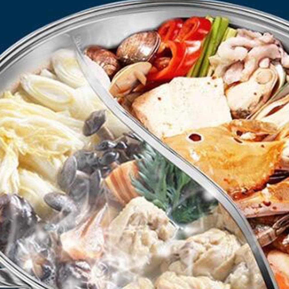 LP LIVING PLUS Dual Sided Stainless Steel Shabu Hot Pot with Glass Lid, 30cm
