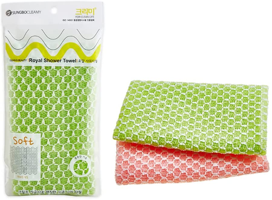 Korean Exfoliating Royal Shower Towel Washcloth Loofah Knitted with Crimped Yarn, Green and Pink