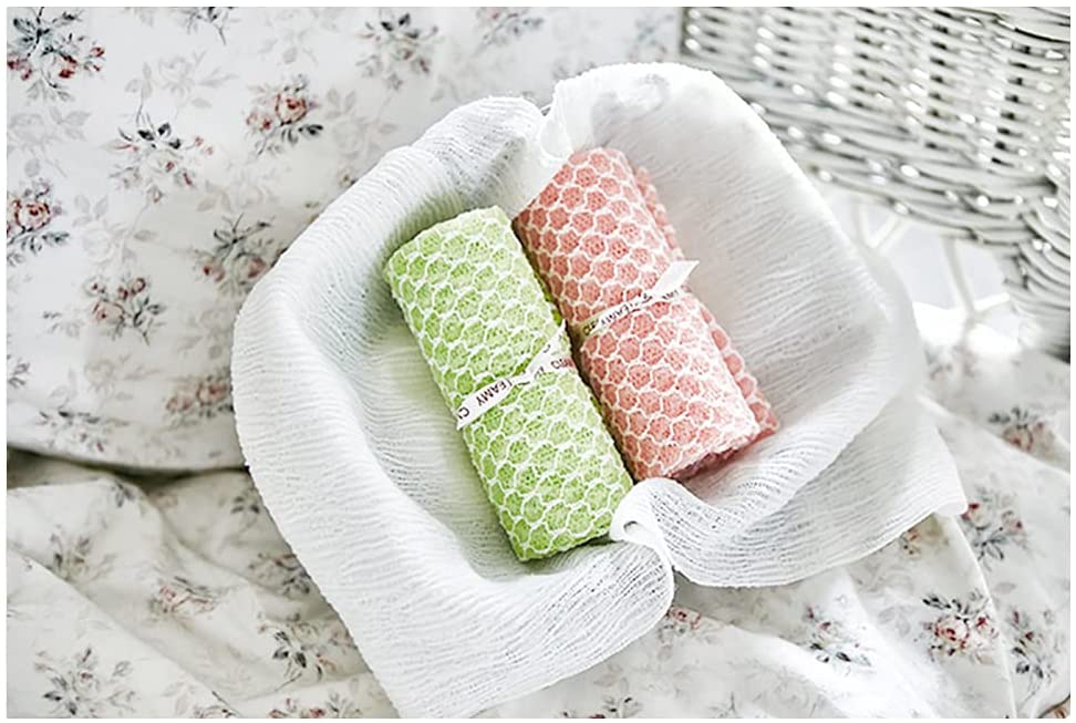 Korean Exfoliating Royal Shower Towel Washcloth Loofah Knitted with Crimped Yarn, Green and Pink