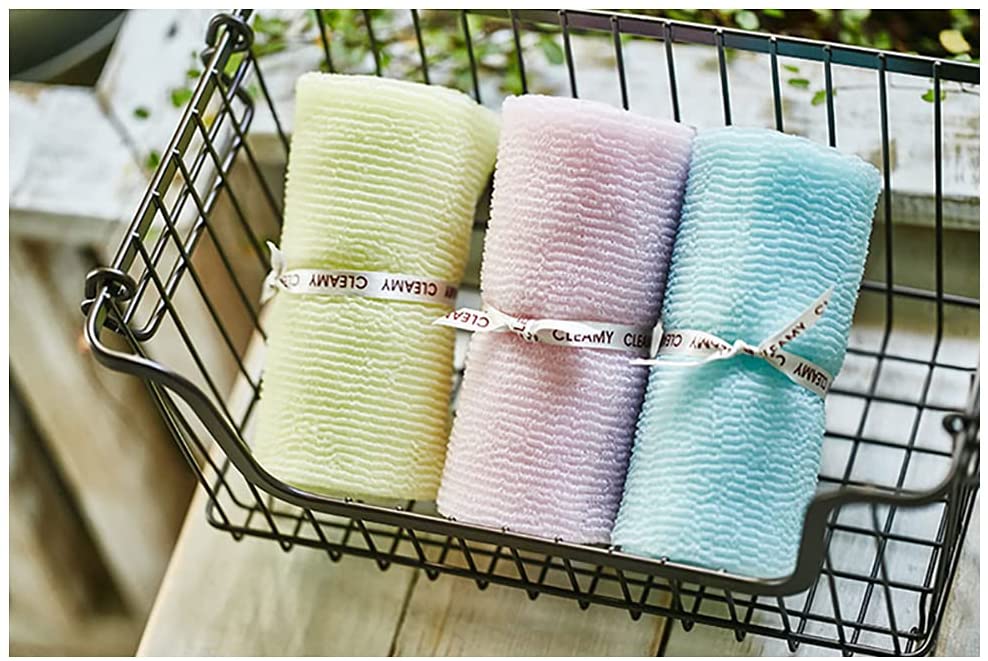 Korean Exfoliating Wave Shower Towel Washcloth Loofah Knitted with Crimped Yarn, Blue, Yellow, and Pink