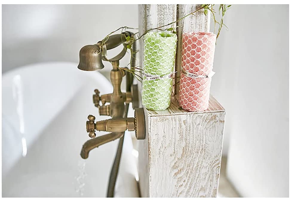 Korean Exfoliating Royal Shower Towel Washcloth Loofah Knitted with Crimped Yarn, Green and Pink