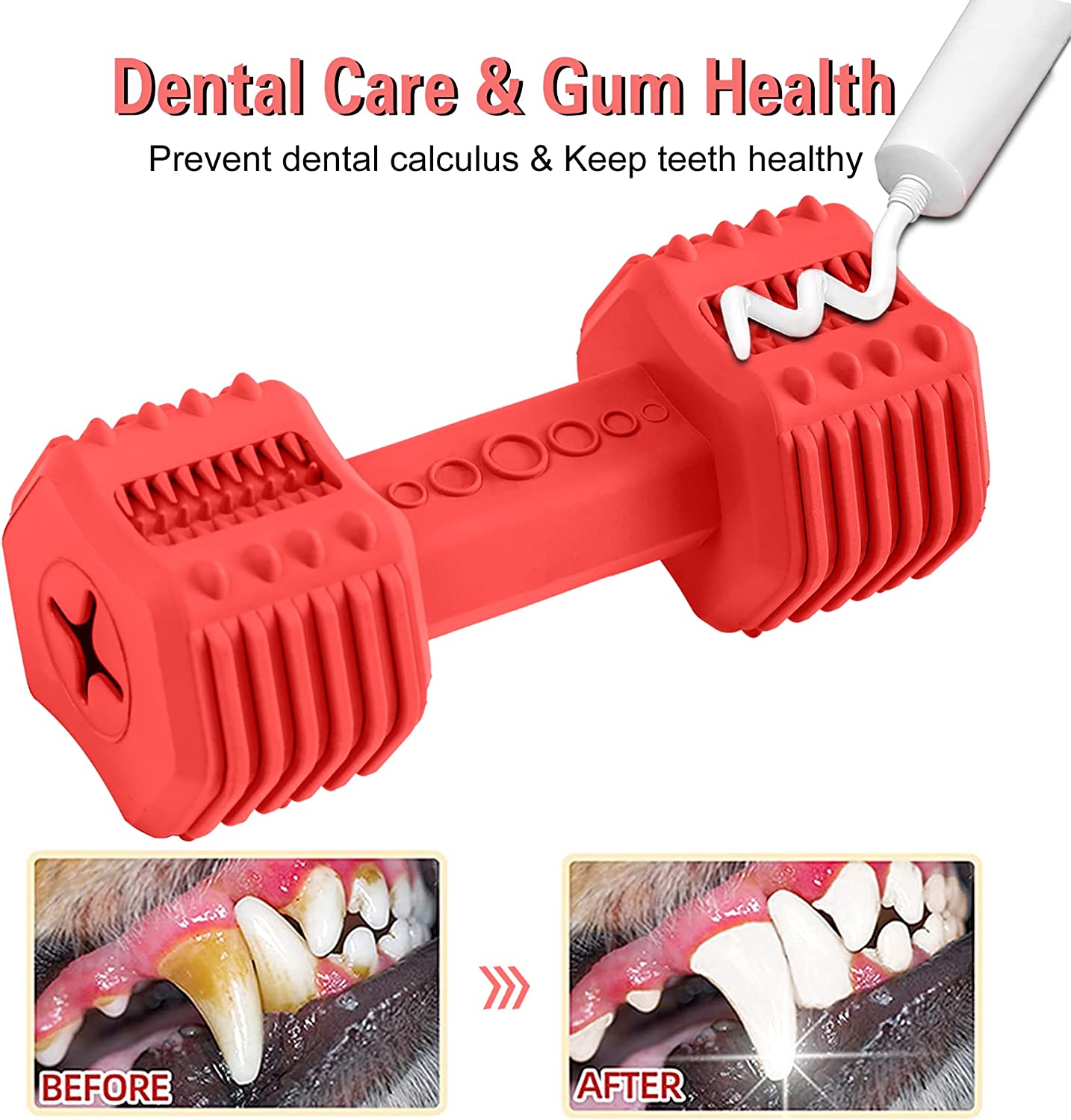 Pawfectpals Indestructible Dumbbell Dog Chew Toys for Aggressive chewers, Interactive Puzzle Treat Toy, Food Dispenser Feeder, Natural Rubber Bite Resistant for Healthy Teeth Dental Cleaning (Red)