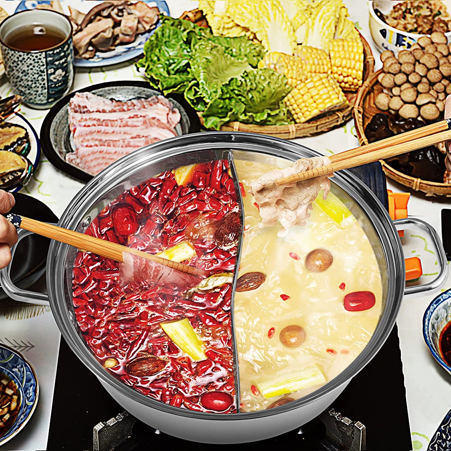 LP Electric Dual Sided Shabu Shabu Divider Hot Pot with Burner and Glass Lid, 5L