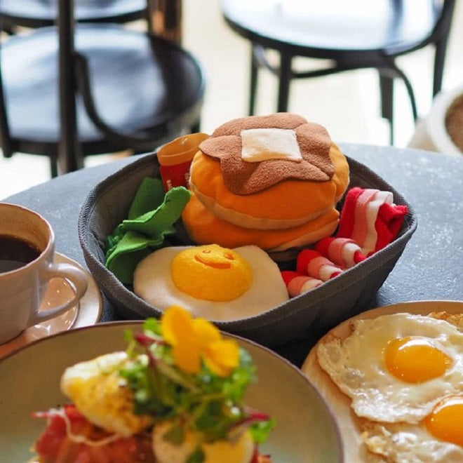 breakfast, eggs, pancakes. greens, bacon, dog toy, dogs, cats, squeaky, set, pet supply, pet toy, puppy, interactive