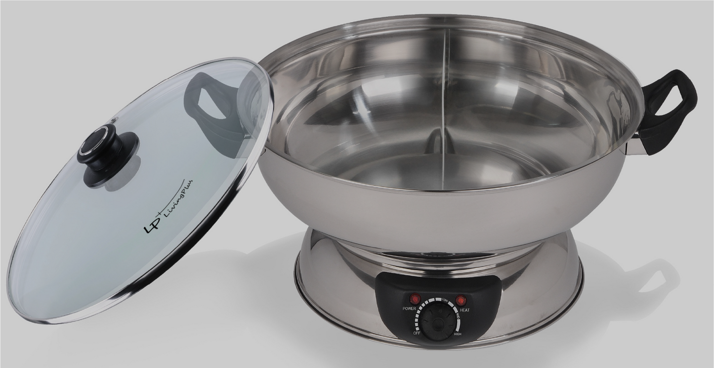 LP Electric Dual Sided Shabu Shabu Divider Hot Pot with Burner and Glass Lid, 5L
