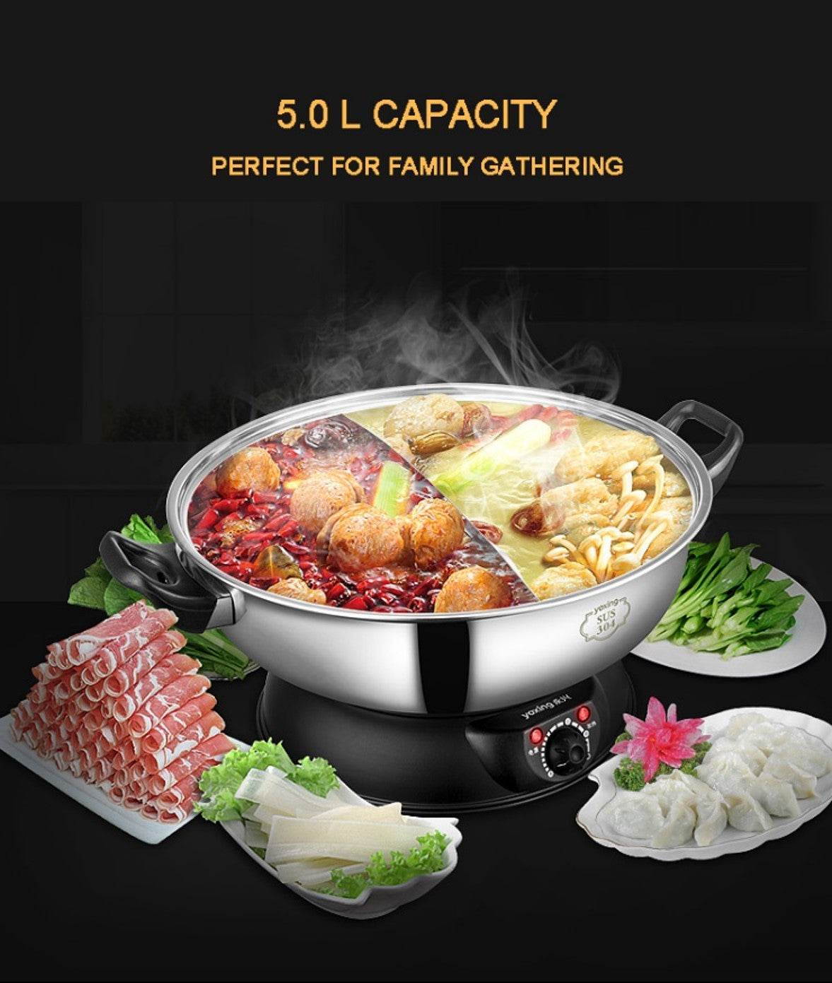 LP Electric Dual Sided Shabu Shabu Divider Hot Pot with Burner and Glass Lid, 5L