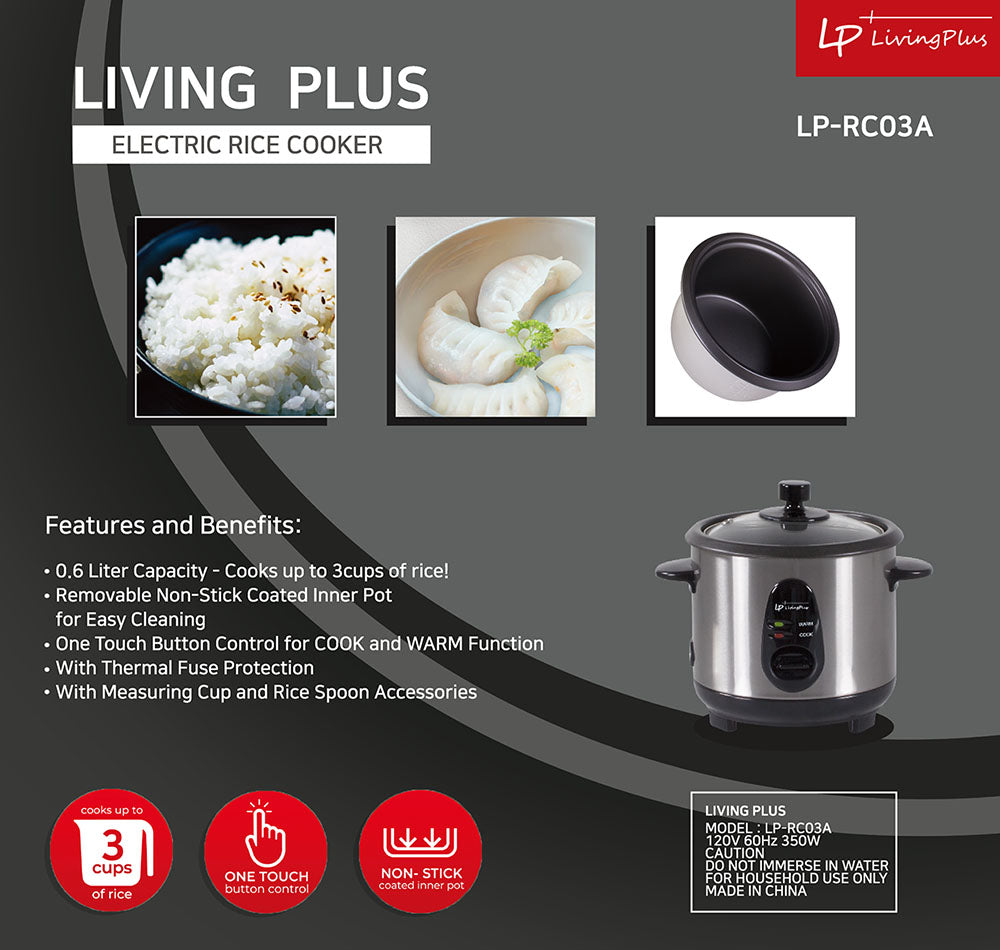 LP LIVING PLUS Electric Rice Cooker, Non stick, One Touch Button with Measuring Cup and Spoon (0.6L)