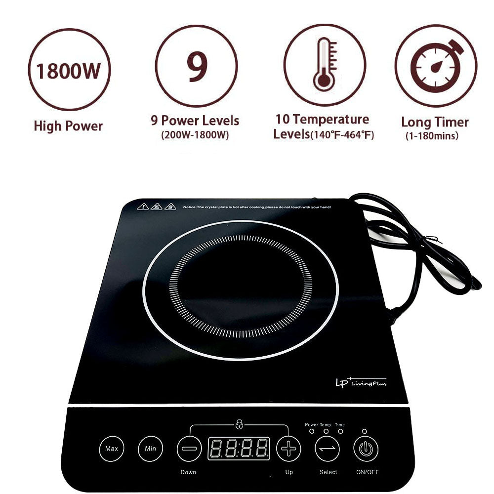 LP LIVING PLUS 1800W Electric Induction Cooktop Countertop Burner, 3 Hour Max Timer Setting, Auto shut off, Child safety lock