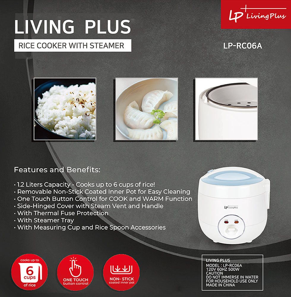LP LIVING PLUS Electric Rice Cooker, Non stick, One Touch Button, with Steamer Tray, Measuring Cup and Rice Spoon (1.2L)