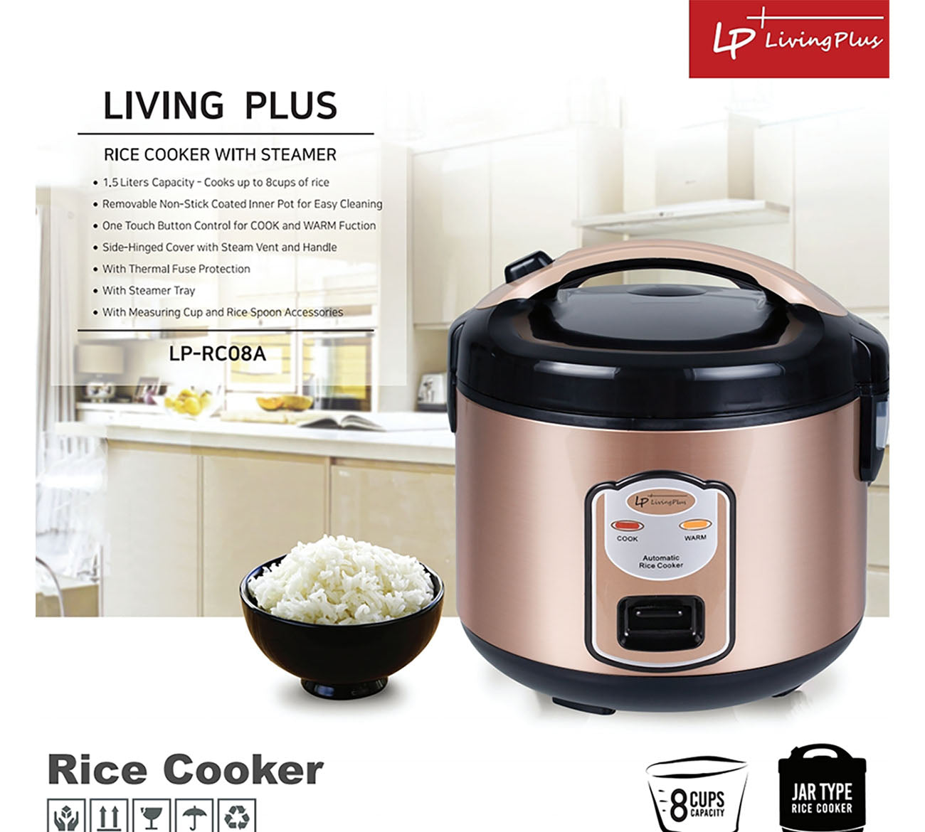 LP LIVING PLUS Electric Rice Cooker, Non stick, One Touch Button, with Steamer Tray, Measuring Cup and Rice Spoon (1.5L)