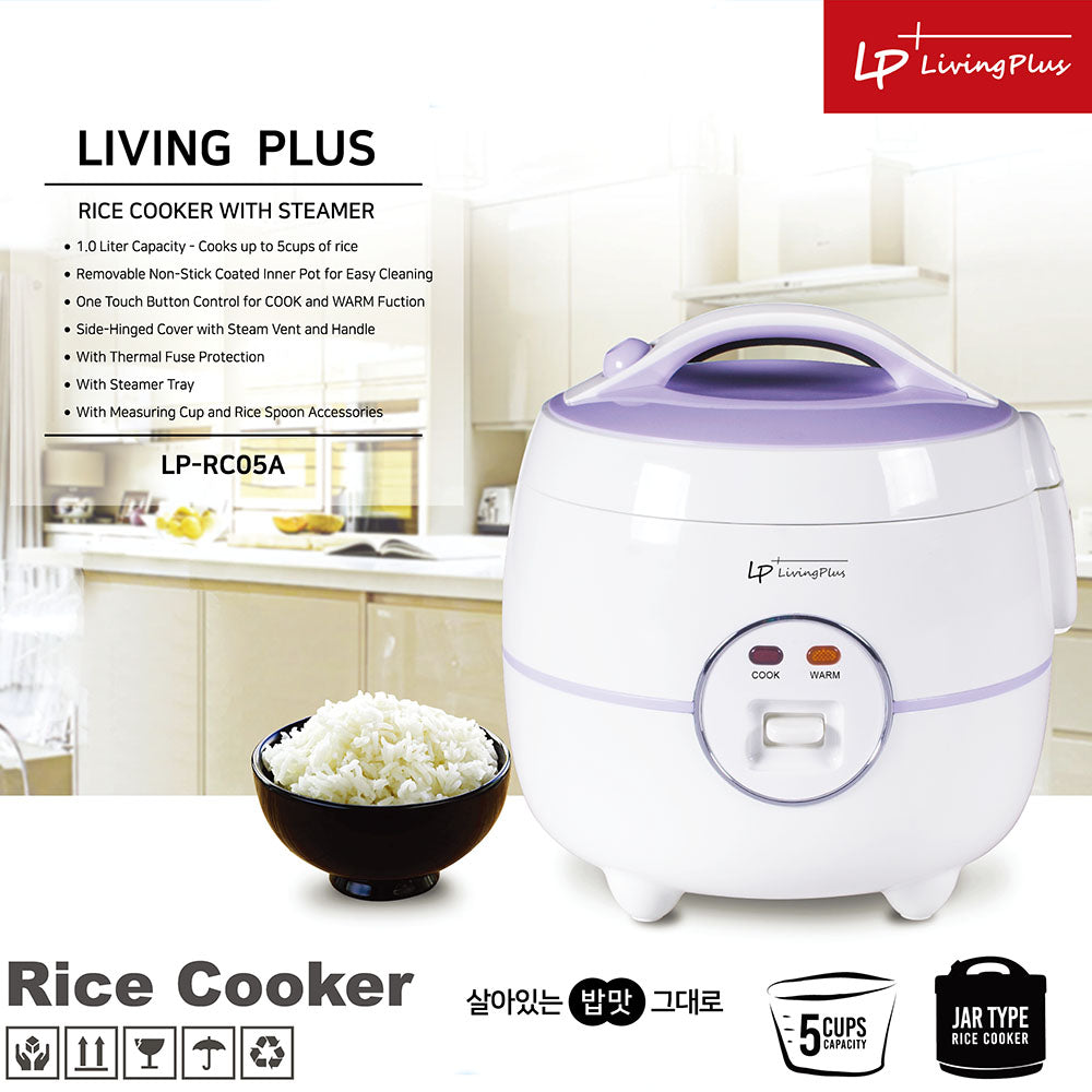 LP LIVING PLUS Electric Rice Cooker, Non stick, One Touch Button, with Steamer Tray, Measuring Cup and Rice Spoon (1.0L)