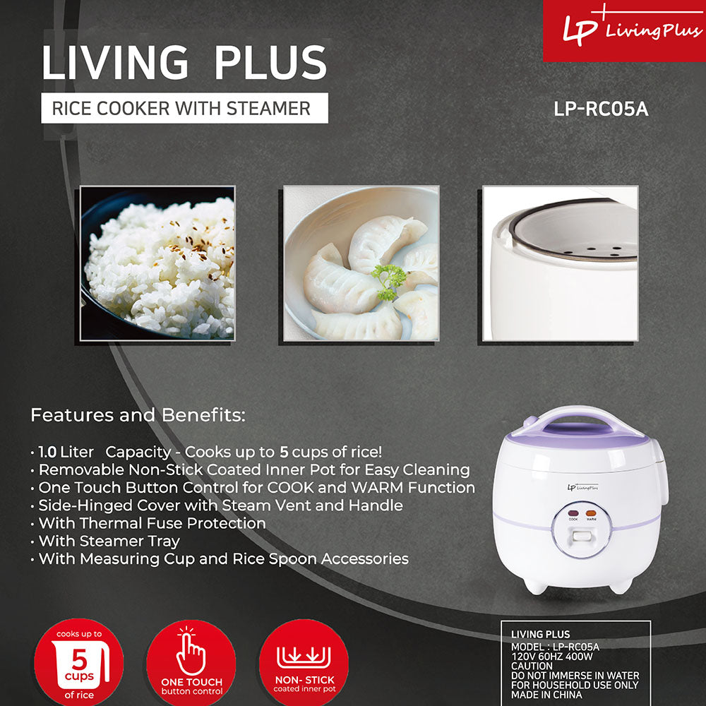 LP LIVING PLUS Electric Rice Cooker, Non stick, One Touch Button, with Steamer Tray, Measuring Cup and Rice Spoon (1.0L)