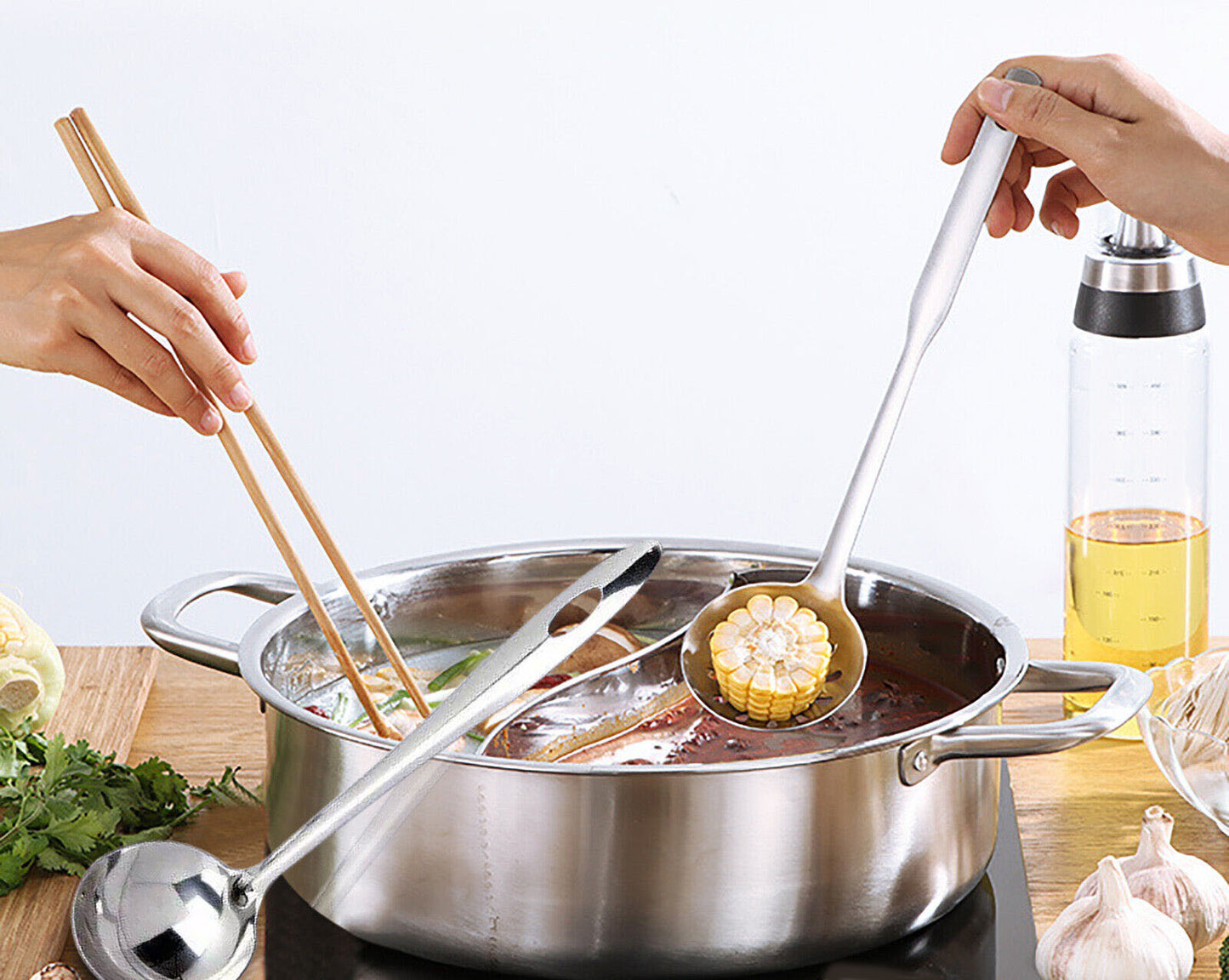 LP LIVING PLUS Dual Sided Stainless Steel Shabu Hot Pot with Glass Lid, 30cm