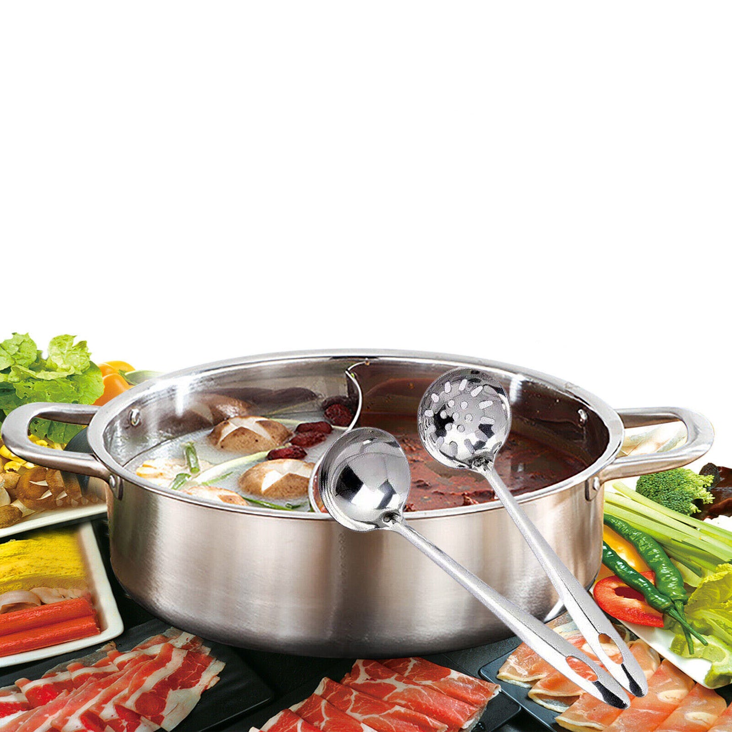 LP LIVING PLUS Dual Sided Stainless Steel Shabu Hot Pot with Glass Lid, 30cm