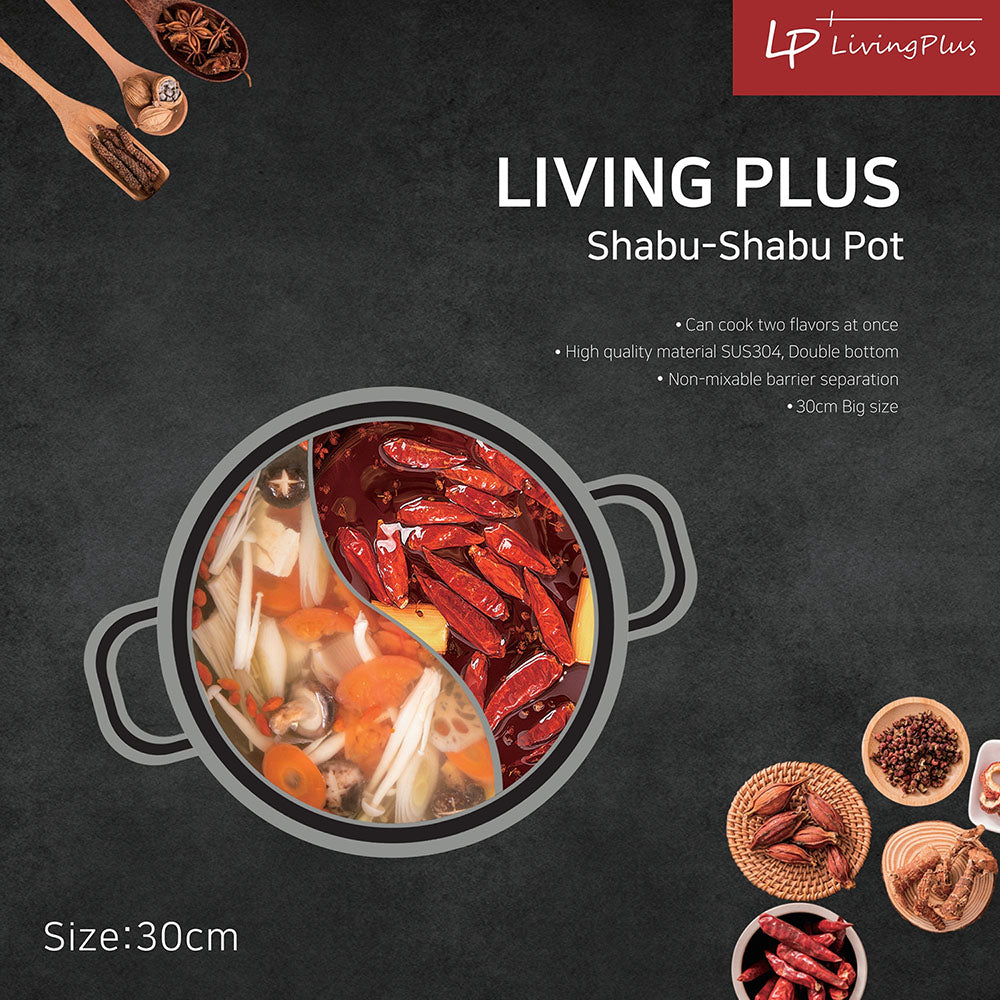 LP LIVING PLUS Dual Sided Stainless Steel Shabu Hot Pot with Glass Lid, 30cm