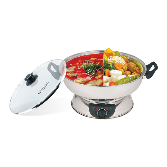 LP Electric Dual Sided Shabu Shabu Divider Hot Pot with Burner and Glass Lid, 5L