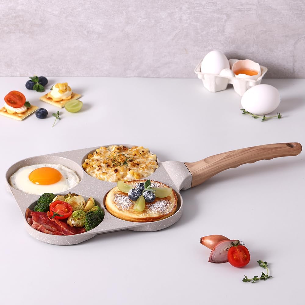 4-Section Nonstick Breakfast Pan – Granite Coated Frying Pan for Eggs, Pancakes, Muffins – Induction Compatible, Wood-Style Handle