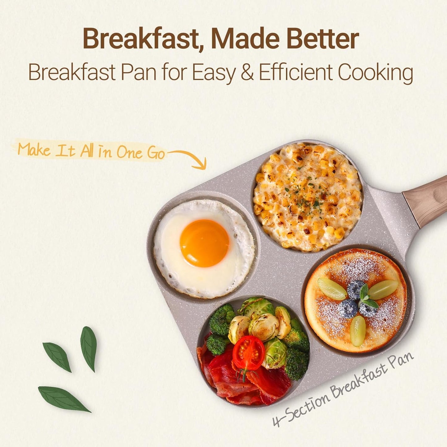 4-Section Nonstick Breakfast Pan – Granite Coated Frying Pan for Eggs, Pancakes, Muffins – Induction Compatible, Wood-Style Handle