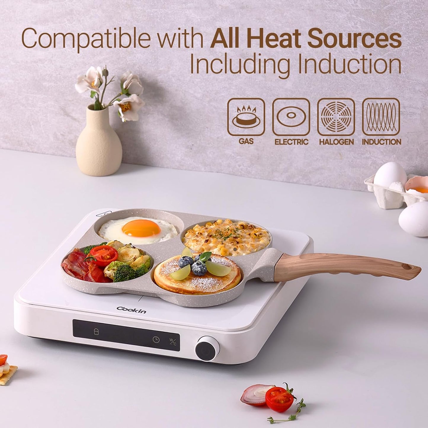 4-Section Nonstick Breakfast Pan – Granite Coated Frying Pan for Eggs, Pancakes, Muffins – Induction Compatible, Wood-Style Handle