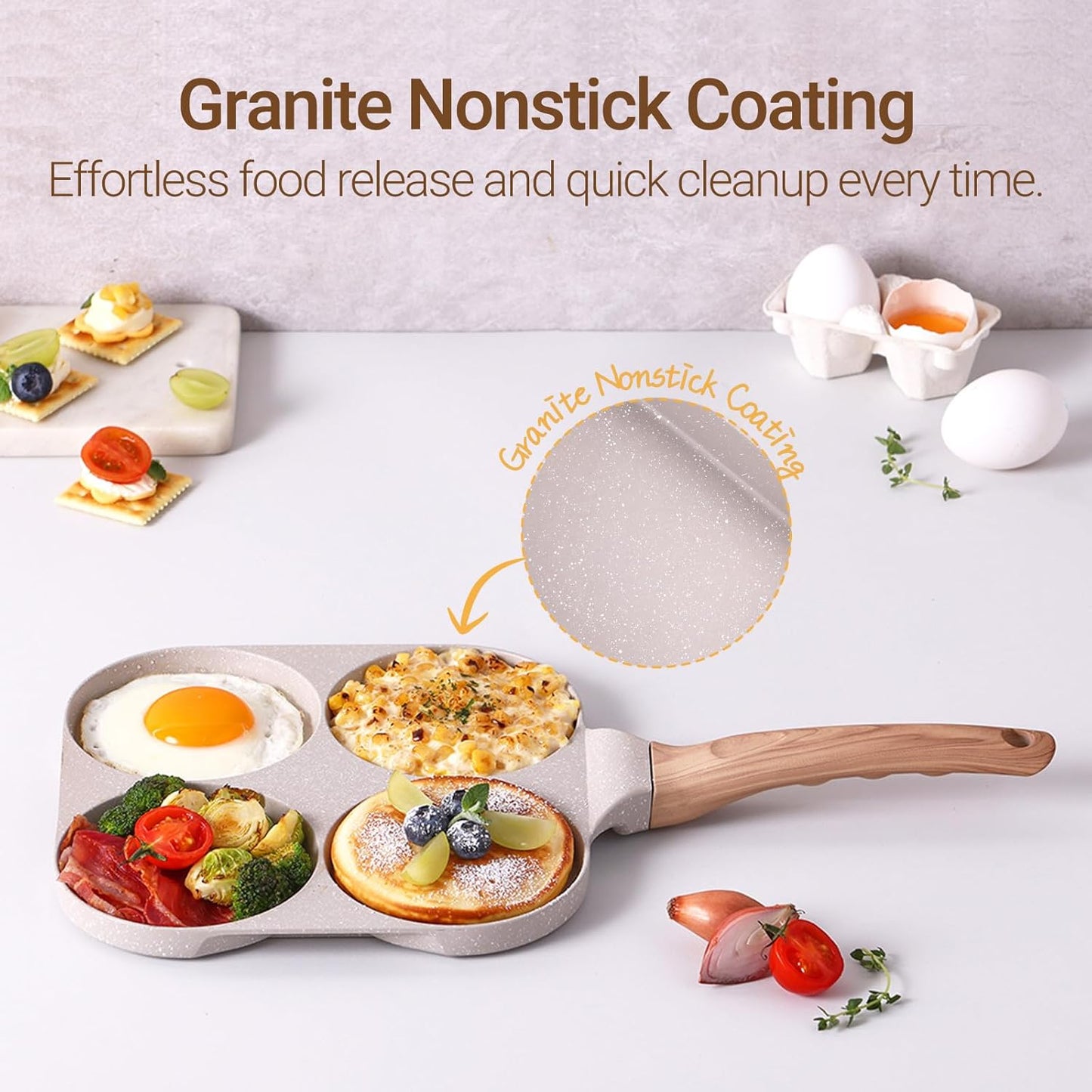 4-Section Nonstick Breakfast Pan – Granite Coated Frying Pan for Eggs, Pancakes, Muffins – Induction Compatible, Wood-Style Handle