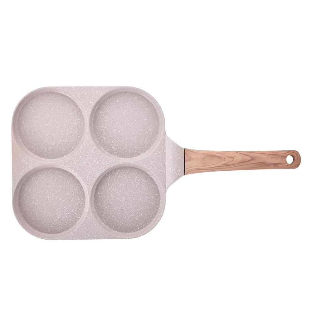 4-Section Nonstick Breakfast Pan – Granite Coated Frying Pan for Eggs, Pancakes, Muffins – Induction Compatible, Wood-Style Handle