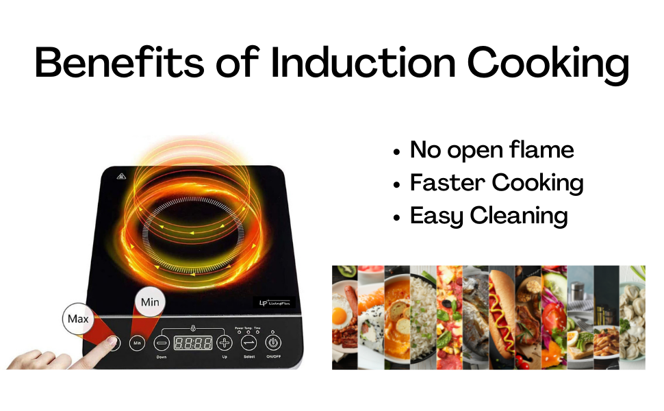LP LIVING PLUS 1800W Electric Induction Cooktop Countertop Burner, 3 Hour Max Timer Setting, Auto shut off, Child safety lock