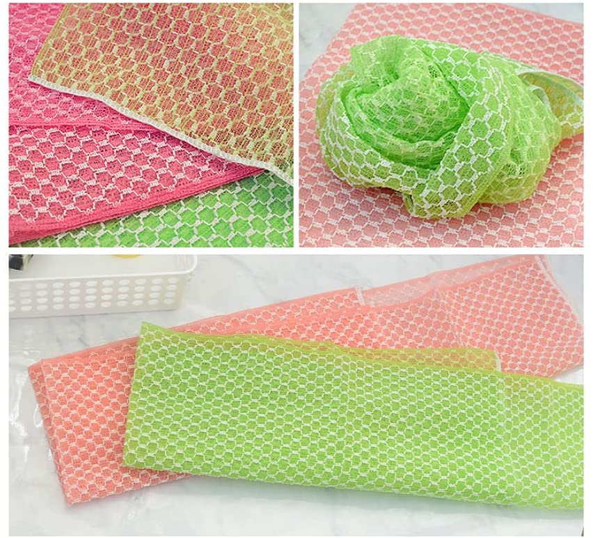 Korean Exfoliating Royal Shower Towel Washcloth Loofah Knitted with Crimped Yarn, Green and Pink