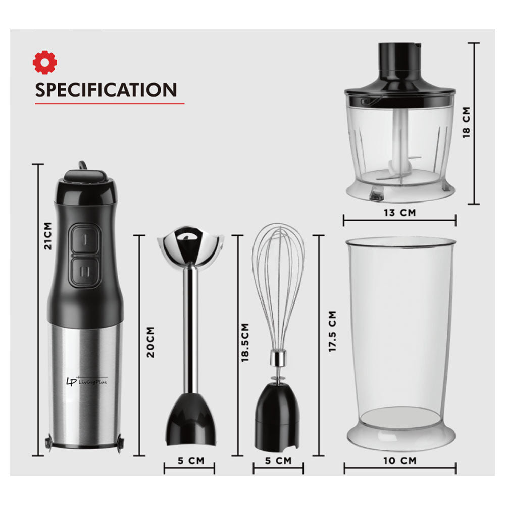 LP LIVING PLUS 500W 4 in 1 Electric S/S Hand Blender, Whisk, Chopper, Beaker Set