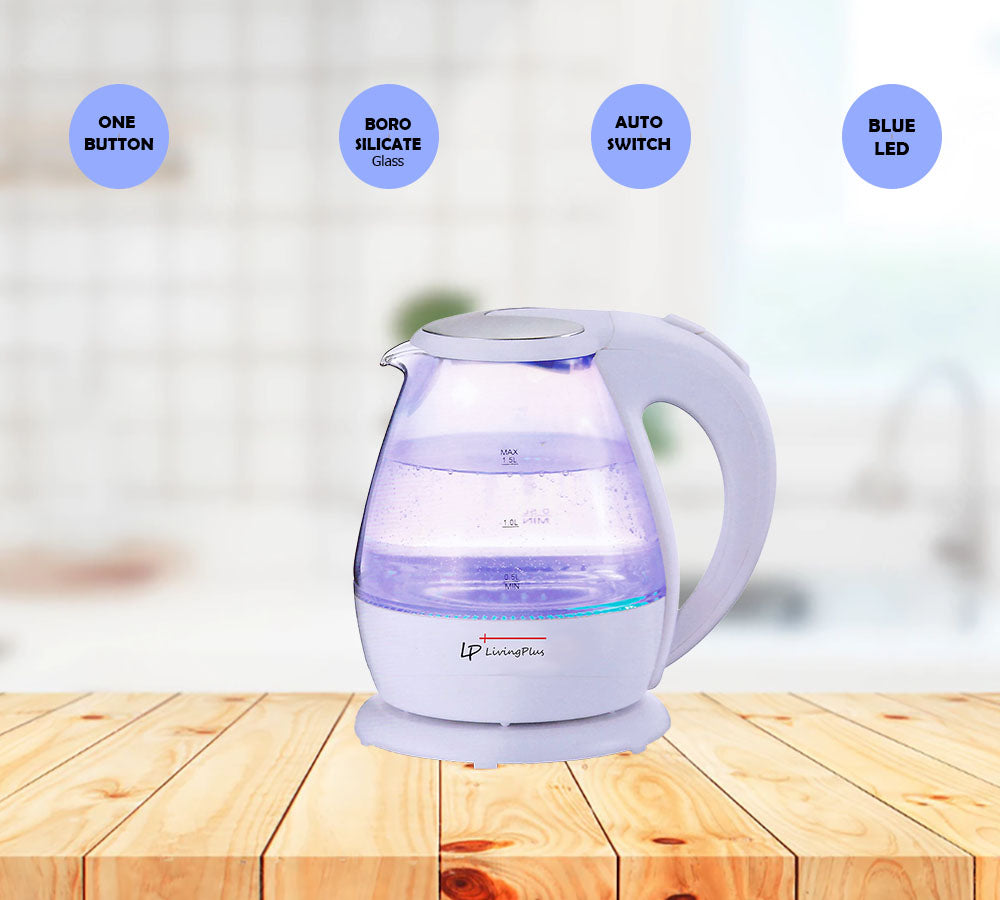 LP LIVING PLUS 1.5L Borosilicate Glass Electric Tea Kettle, Fast Hot Water Boiler, One Touch