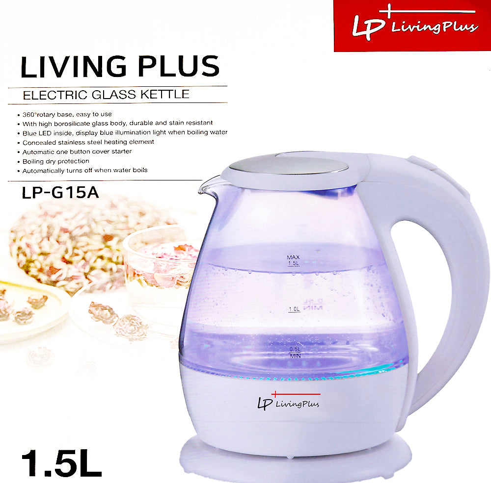 LP LIVING PLUS 1.5L Borosilicate Glass Electric Tea Kettle, Fast Hot Water Boiler, One Touch