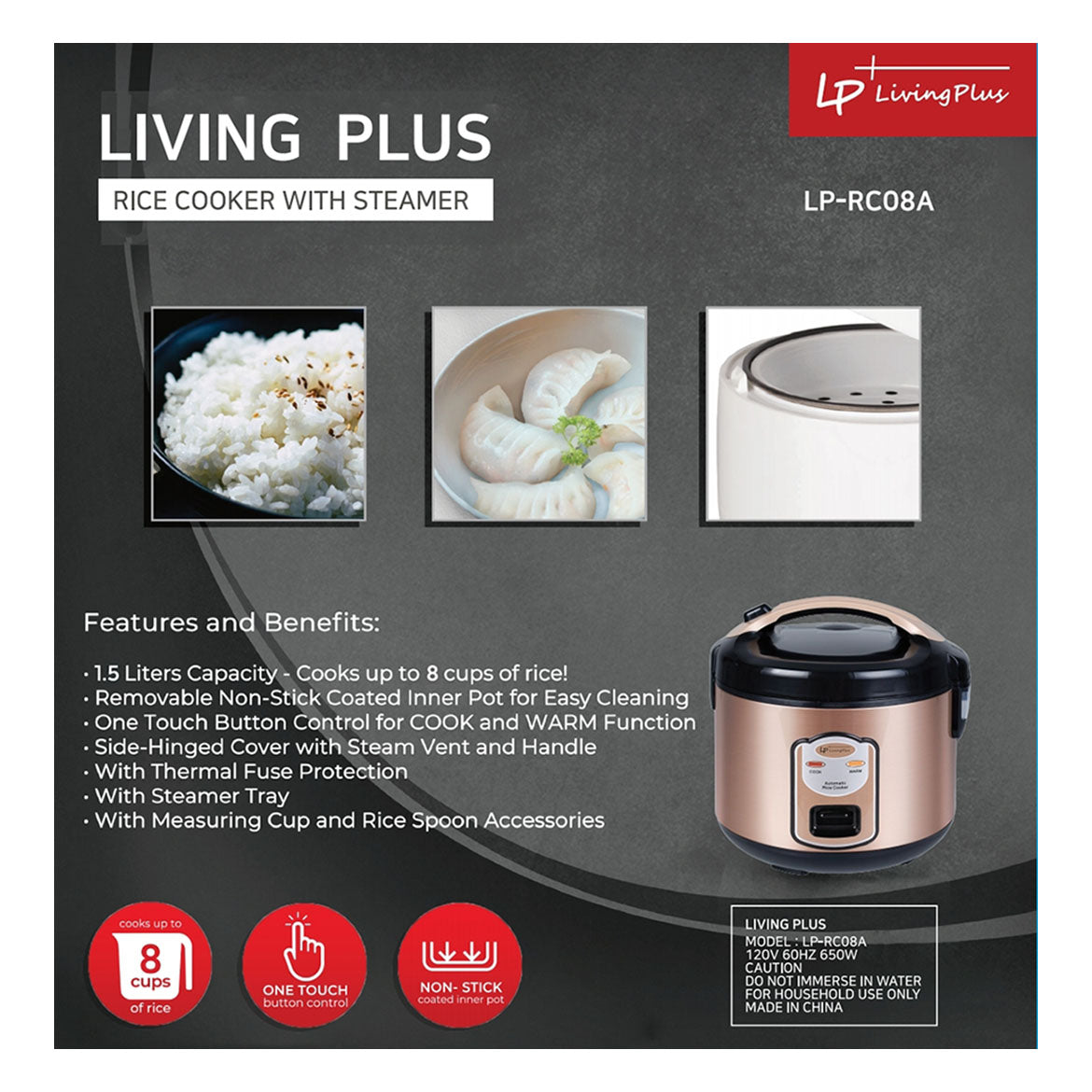 LP LIVING PLUS Electric Rice Cooker, Non stick, One Touch Button, with Steamer Tray, Measuring Cup and Rice Spoon (1.5L)