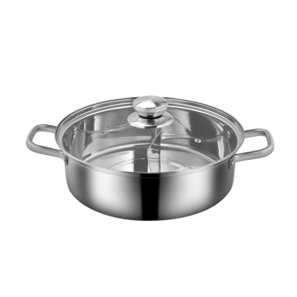 Miduo Stainless Steel Hot Pot S-Type Stockpot Hot Pot Dual Side Top Shabu Hot Pot with Divider Glass Lid, Size: 30*30*12cm, Silver